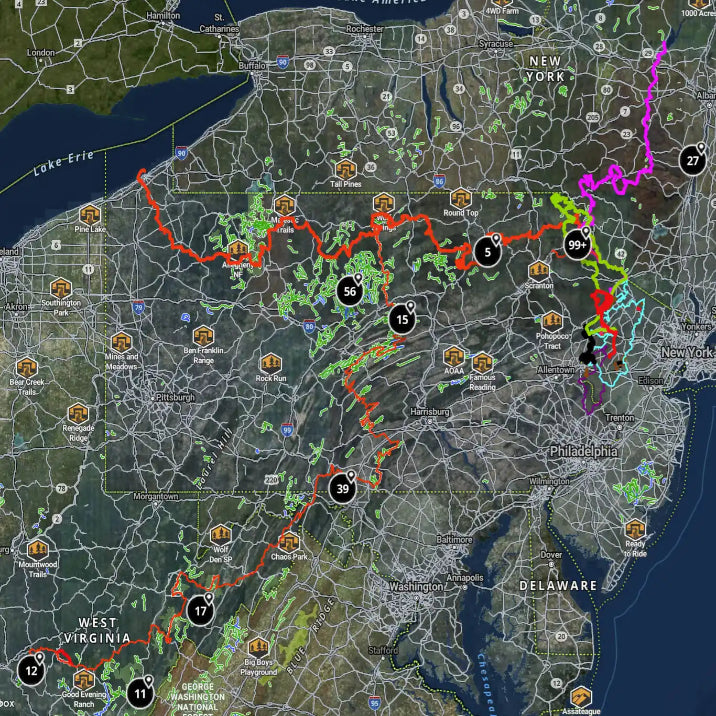 Map showing marked routes and highways across the region